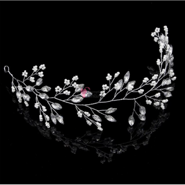 Accesoriu modern pentru decor par WED63 Argintiu cu strasuri si perle de 34cm